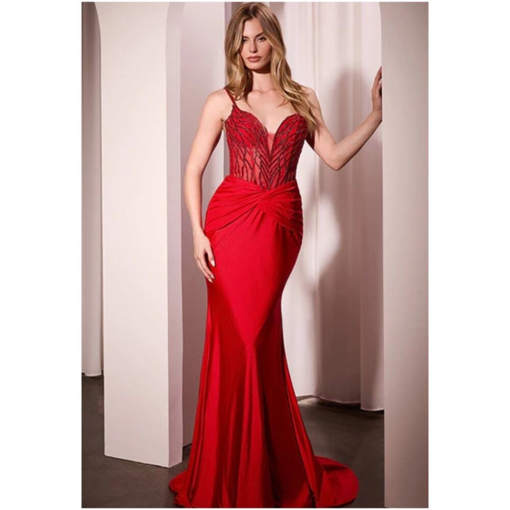 Cinderella Divine Formal Fit Flare Gown Womens 4 Red Crystal Satin Glam CD779